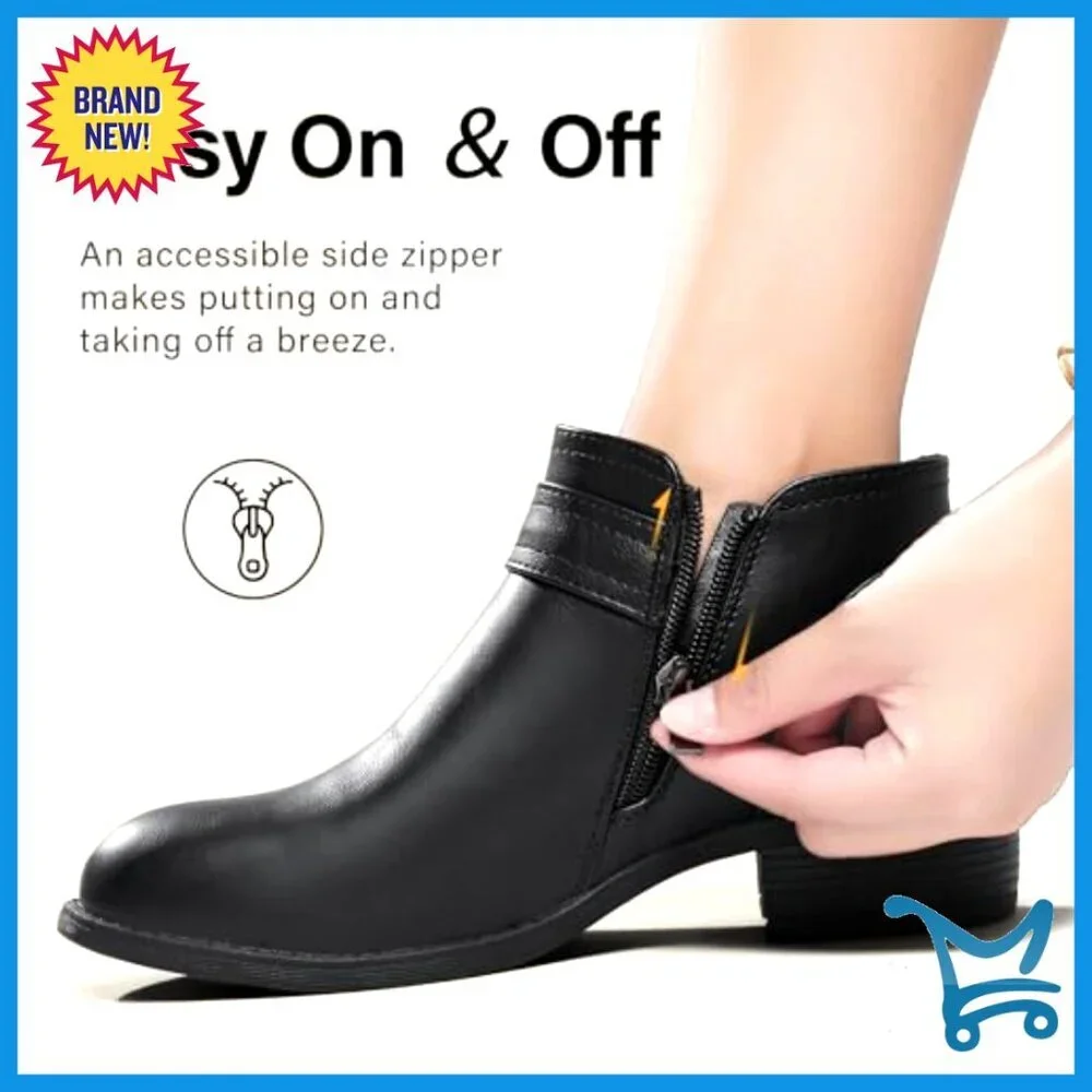 Leather Ankle Boots Low Heel Chelsea Booties Side Zipper Winter Snow Shoes